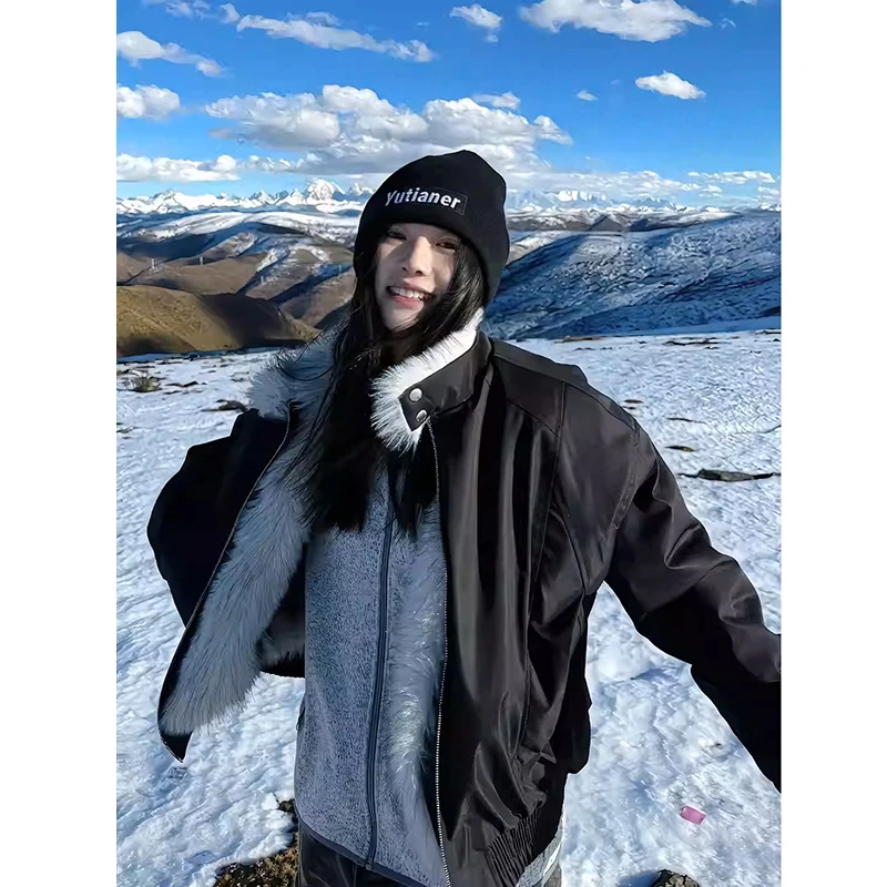 黑色cleanfit短款狼王座山雕棉服男冬季加绒加厚保暖皮毛一体外套