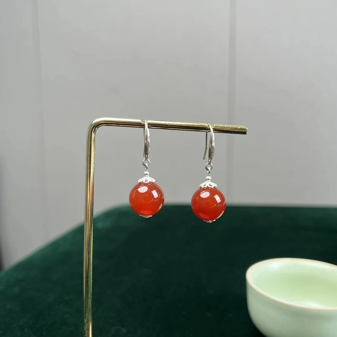 天然珠宝玉石天然红玛瑙卡12㎜耳坠s925纯银耳钩防过敏耳饰