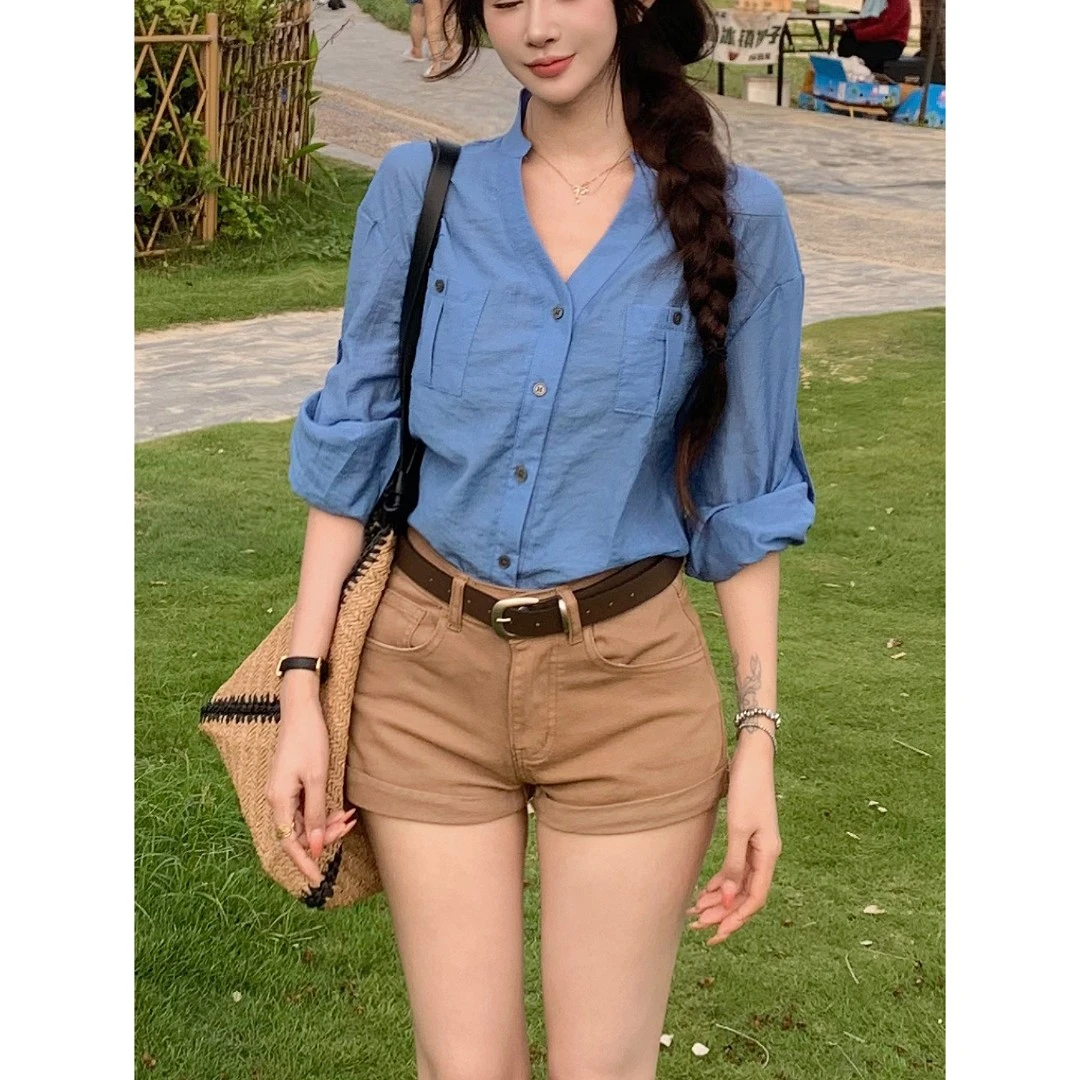 复古卡其卷边牛仔短裤女2025年秋季新款高腰弹力显瘦a字阔腿热裤