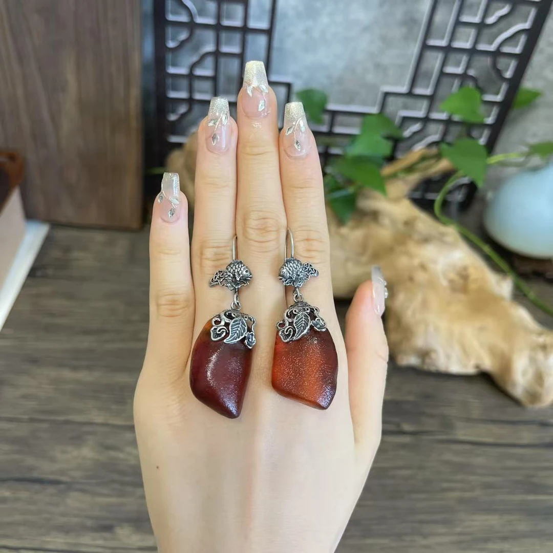 LYliuyng海漂全皮琥珀蜜蜡银耳环银耳坠蜜蜡耳饰民族风简约银耳饰