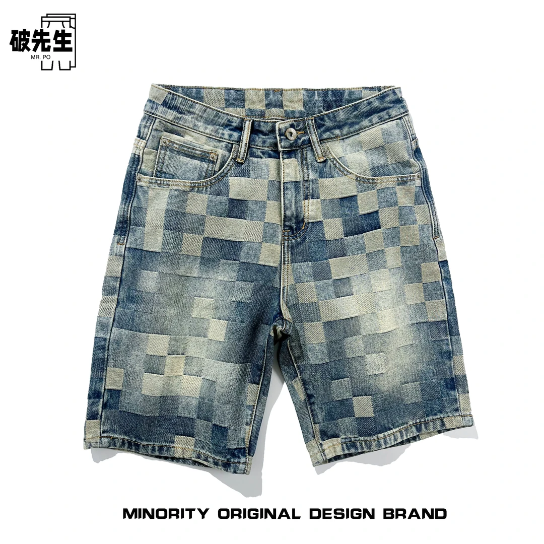 Mr.po/破先生港味街头渐变交织感格子纹牛仔短裤男复古潮牌五分裤