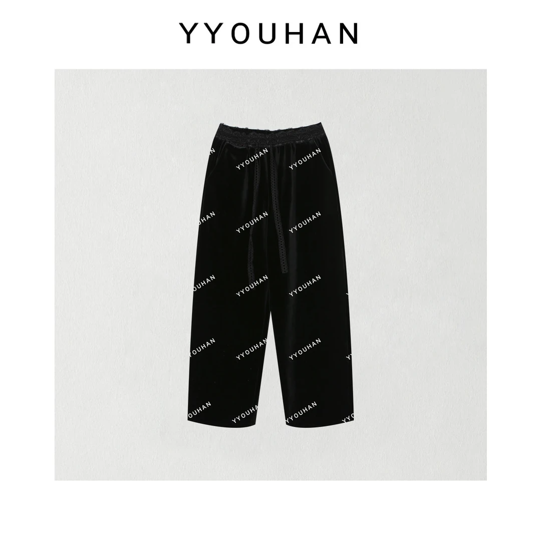 月月不吃鱼2025春款蕾丝抽绳拼接腰头百搭丝绒休闲裤 2411B5648