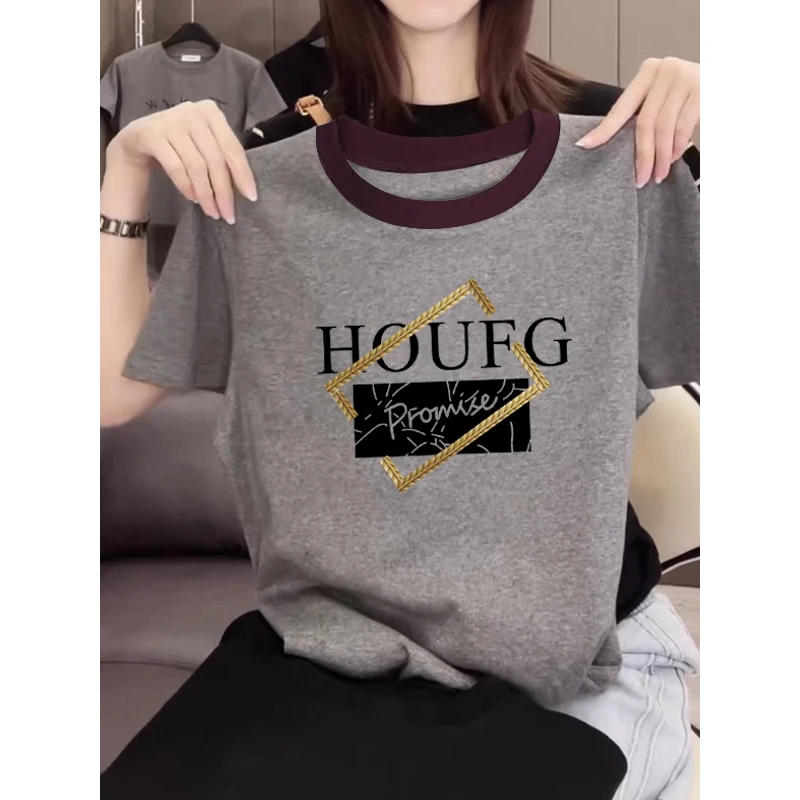 2025新款正肩纯棉短袖t恤女ins休闲百搭插色洋气撞色灰色上衣夏季