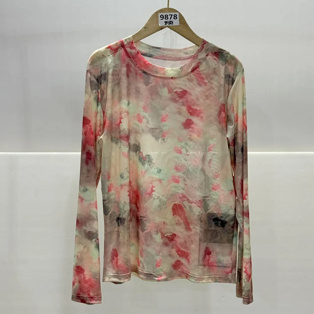 9878号#春晕染印花长袖网纱T（小板）（预）