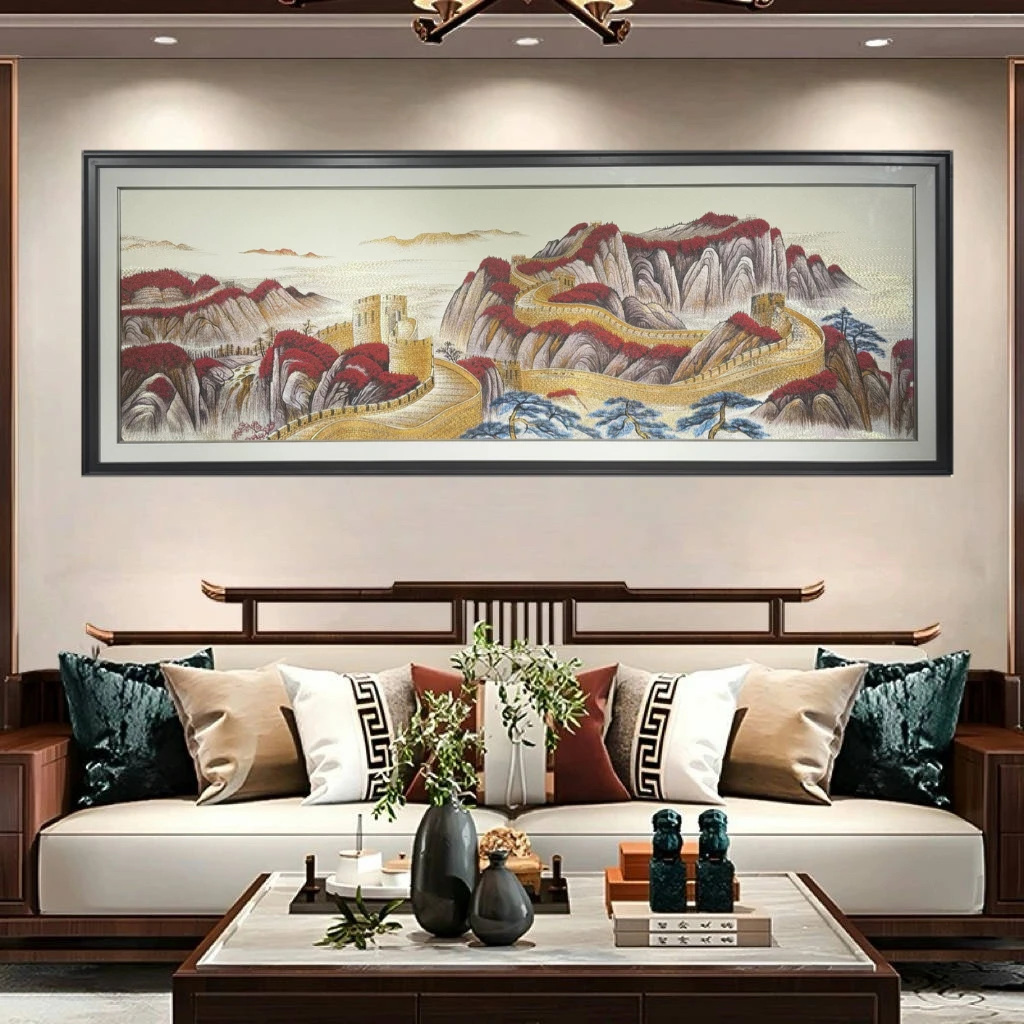 鸿运刺绣万里长城沙发背景墙织锦绣挂画成品书房办公室装饰画