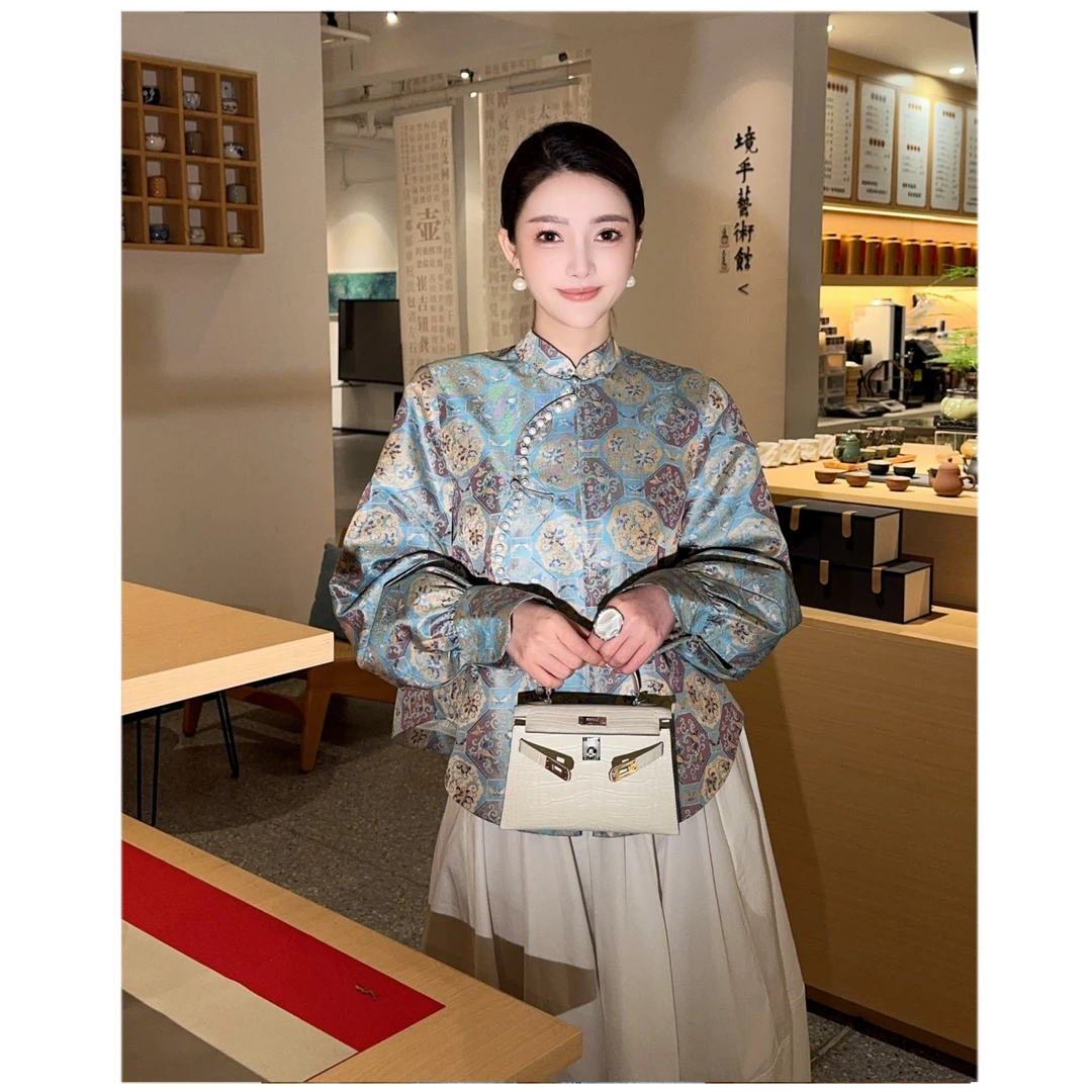 9-【胧月】宝儿家含幂BK60724412国风桑蚕丝张和才蜀锦蝶恋牡丹外套