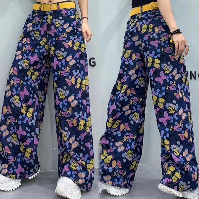 2025春季新款蝴蝶提花牛仔裤女士时尚高腰设计小众直筒休闲裤-796
