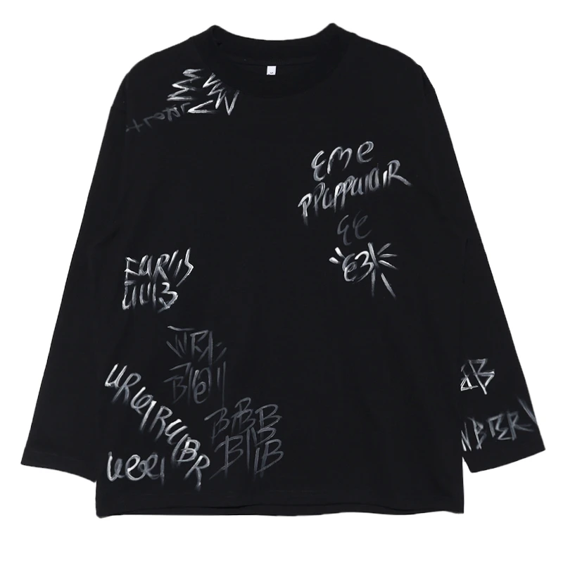 T480早春新款圆领长袖潮流字母涂鸦印花情侣T恤百搭宽松男女上衣
