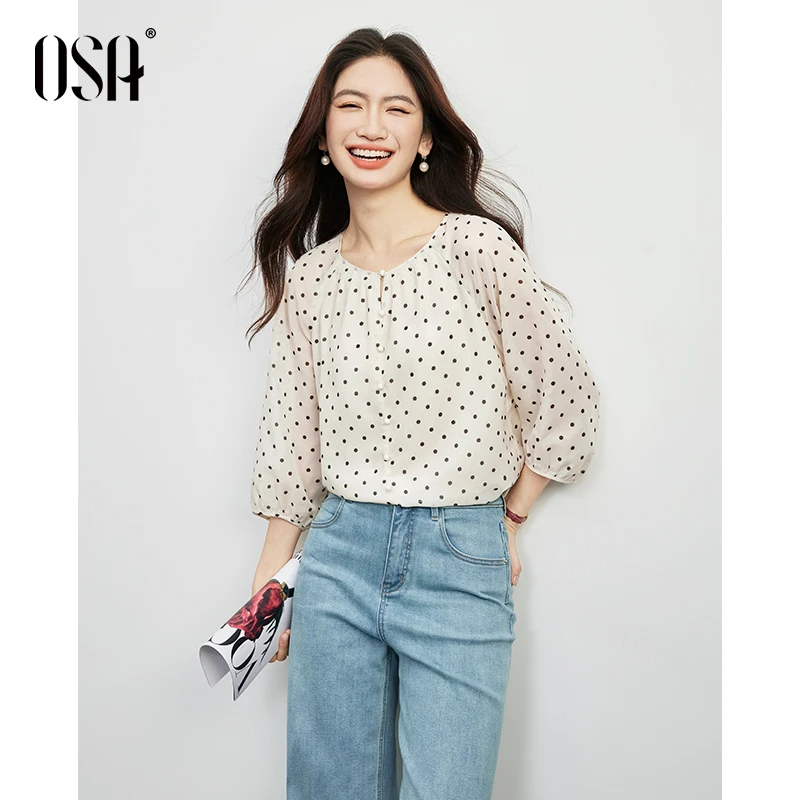 OSA/欧莎 法式复古波点雪纺衫女秋季新款中袖衬衫上衣S125C17002