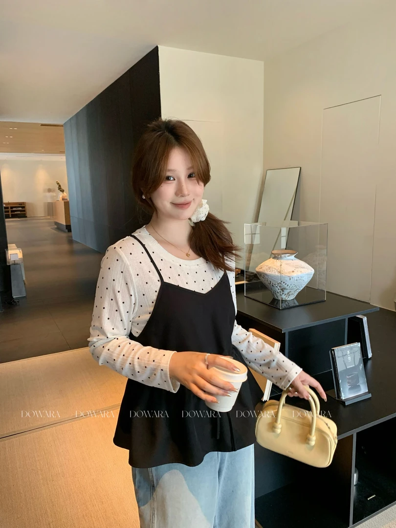 现货0063X大婉酱肉肉微胖定制【黑糖珍珠】圆领波点假两件拼接上衣