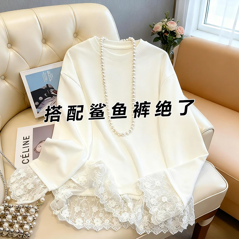 【手工定制】白色长袖t恤女蕾丝冬新款加绒中长内搭打底外穿遮屁股