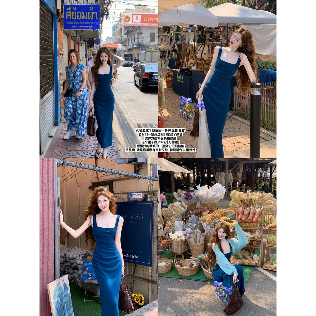 吃绿色菜【超模1.0】肯豆法式方领褶皱收腰显瘦气质吊带连衣裙女