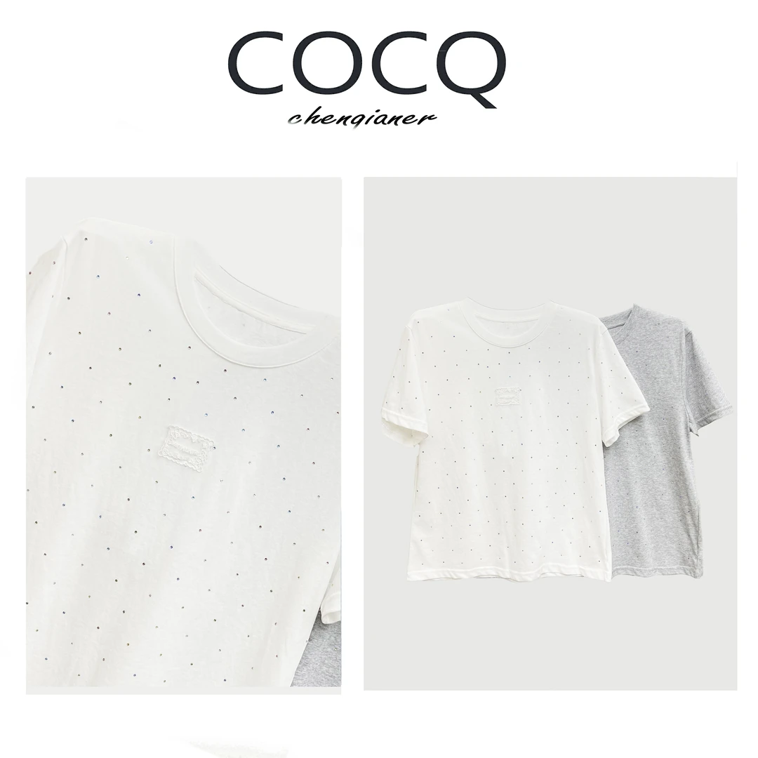 【COCQ】重工闪闪烫钻圆领短袖气质显瘦T恤衫