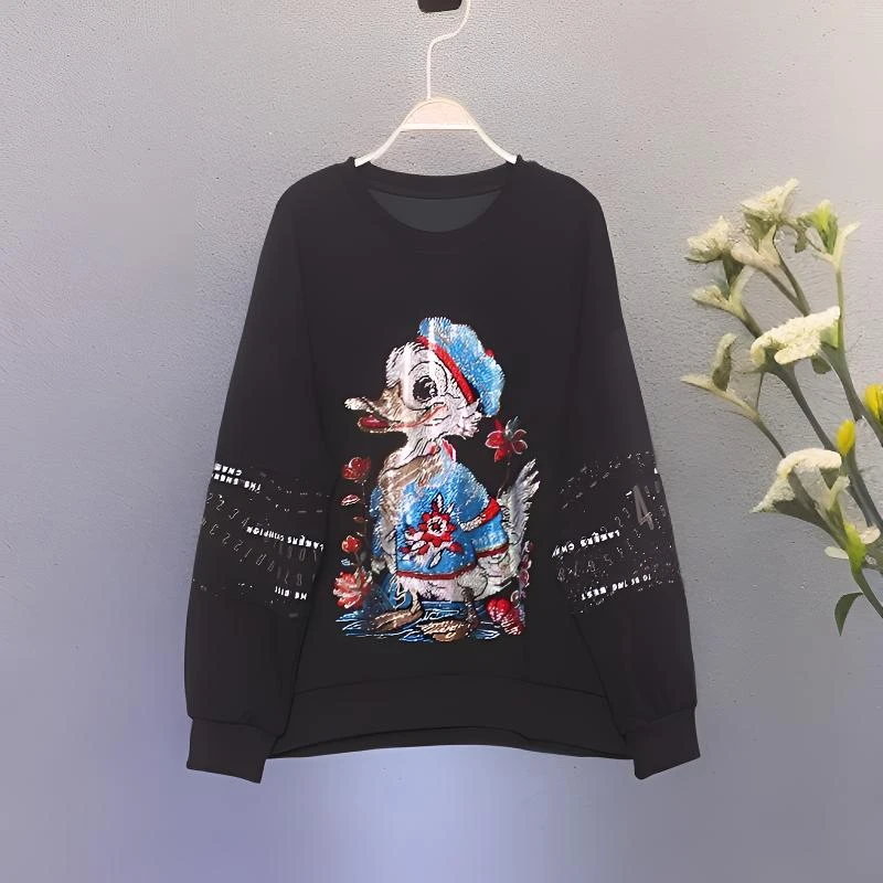 时尚卫衣显瘦大码卡通烫钻潮流拼接圆领休闲百搭2025春季新款爆款