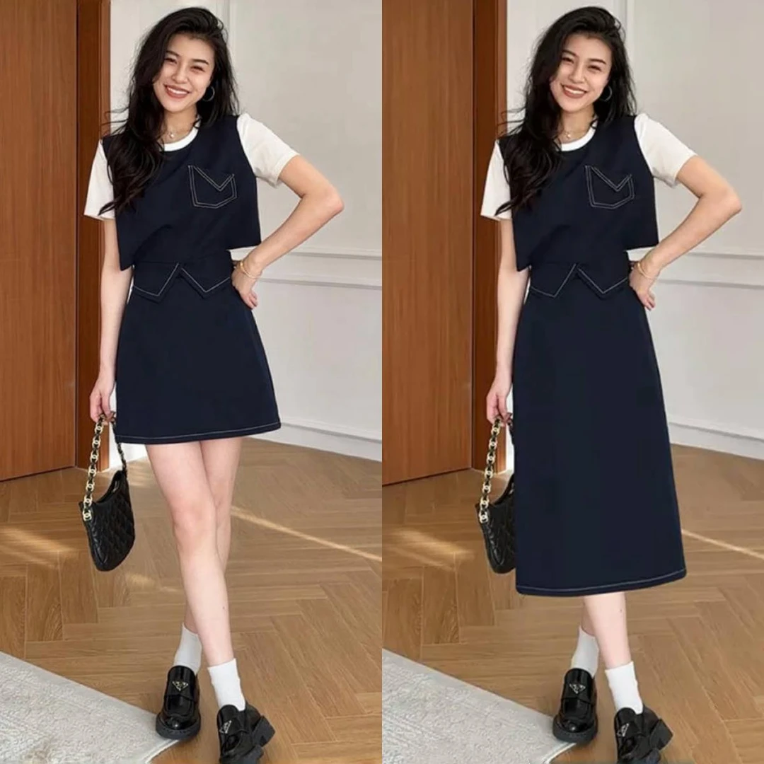 睿智老钱 套装女装2025新款时尚休闲减龄假两件T恤半身裙两件套装