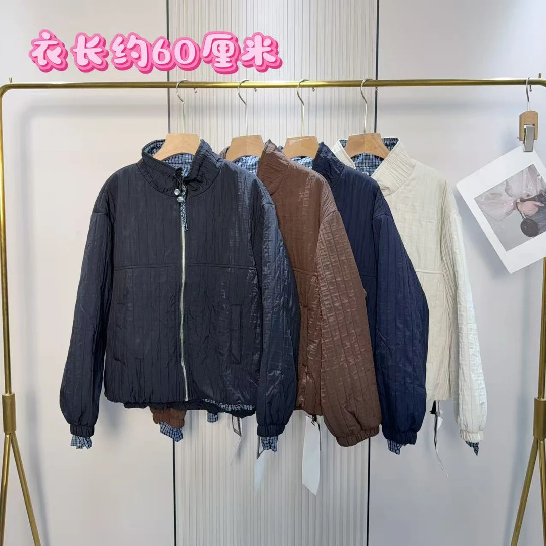 881立领拼格洋气拉链百搭夹棉外套