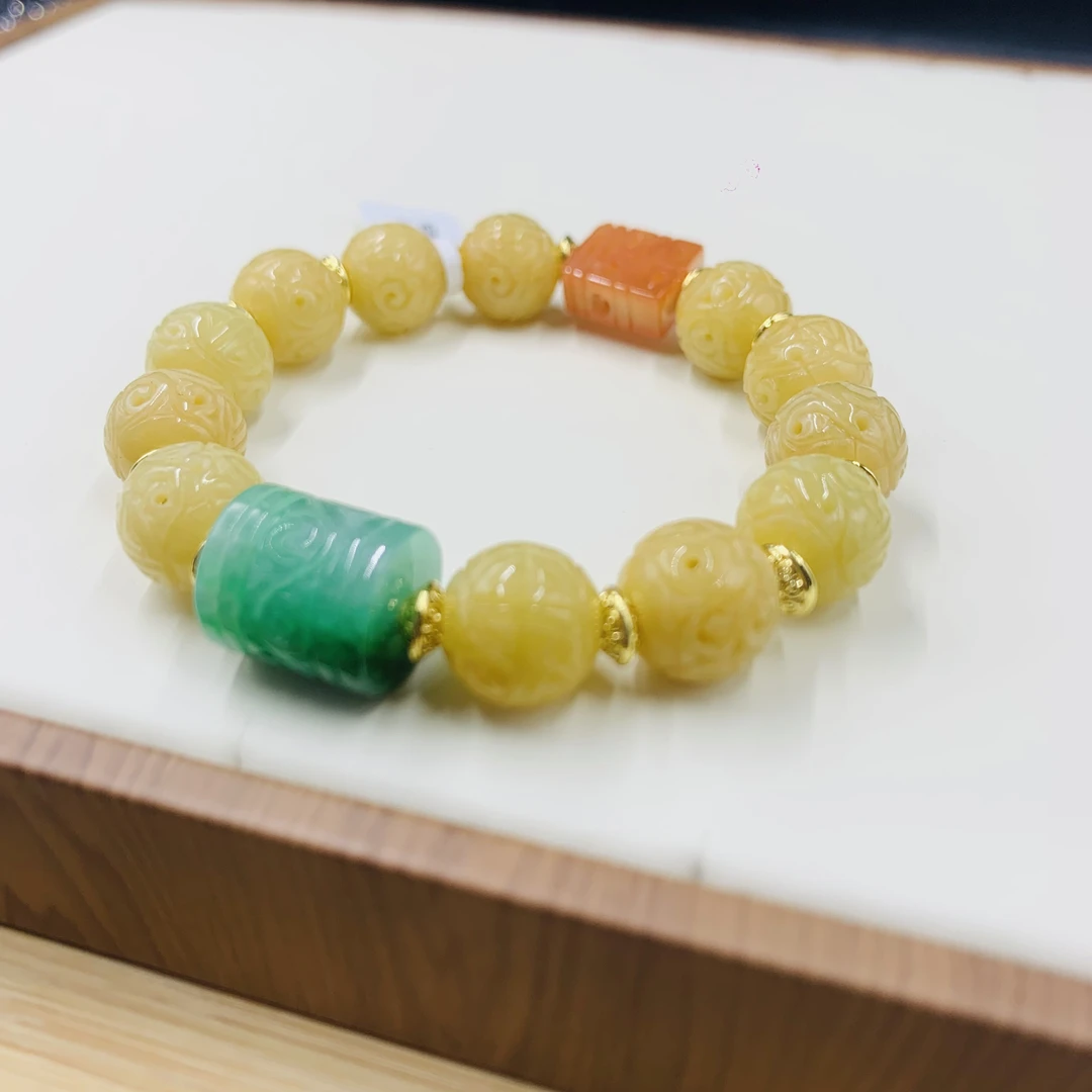 天然缅甸黄翡镂空仿古雕刻圆珠原创国风特色手串