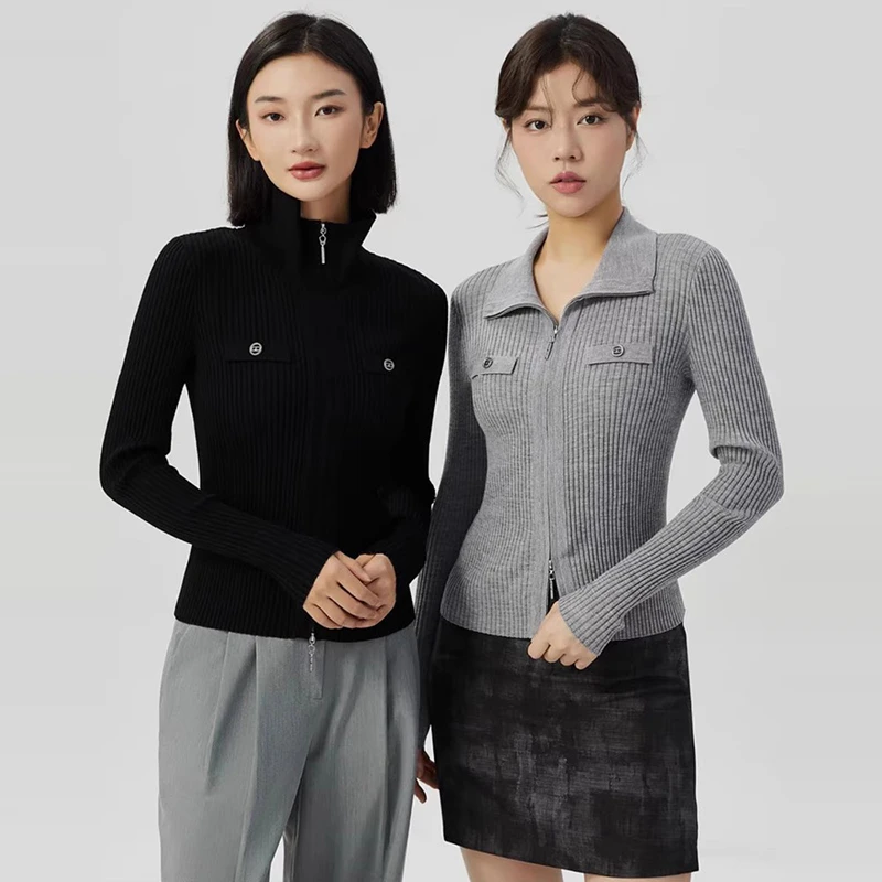 【商场同款】双拉链开衫百搭气质装饰口袋长袖秋冬针织衫A400975