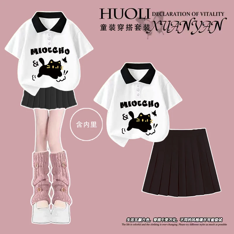女童纯棉polo衫短袖短裙JK套装夏季新款卡通猫咪大童学院风两件套
