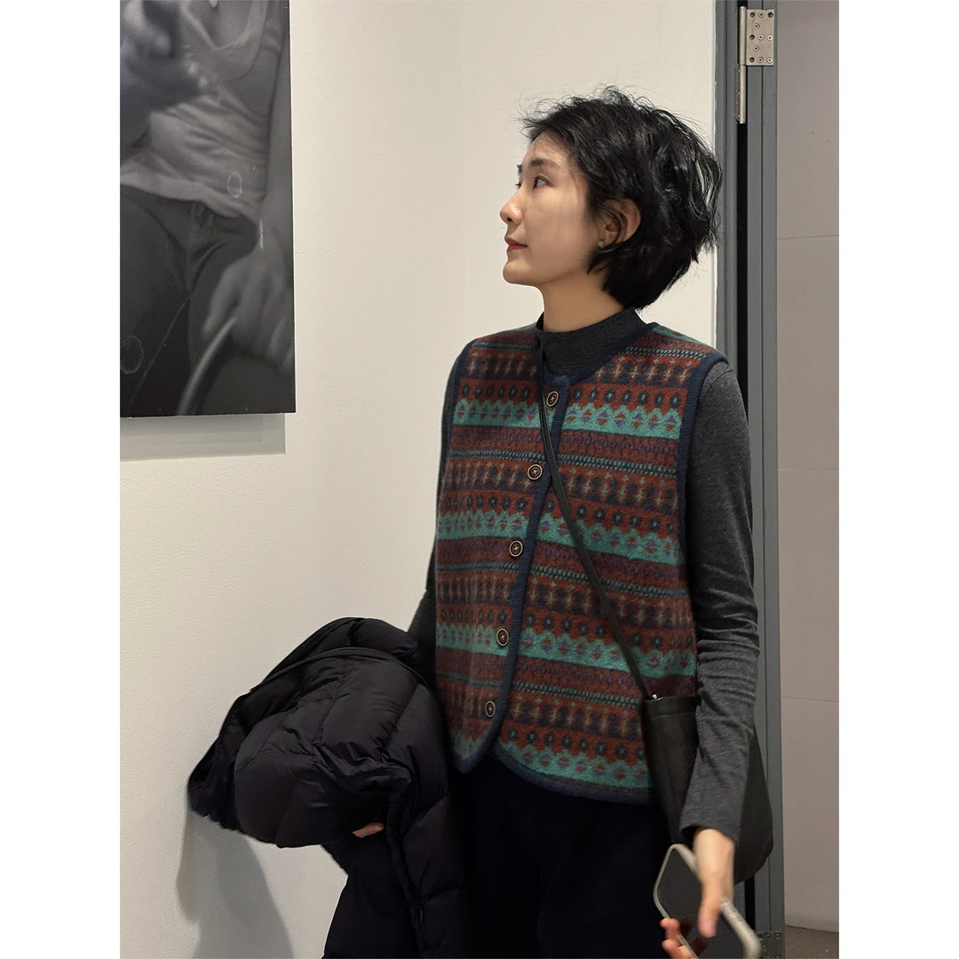 LANGQING 费尔岛提花叠穿羊毛针织背心马甲47472#