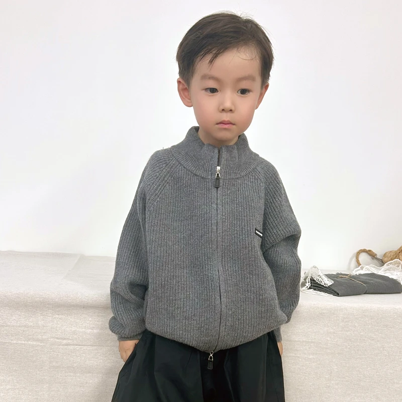 【100%全羊毛】韩系简约高领双拉链针织开衫 男童女童休闲毛衣外套