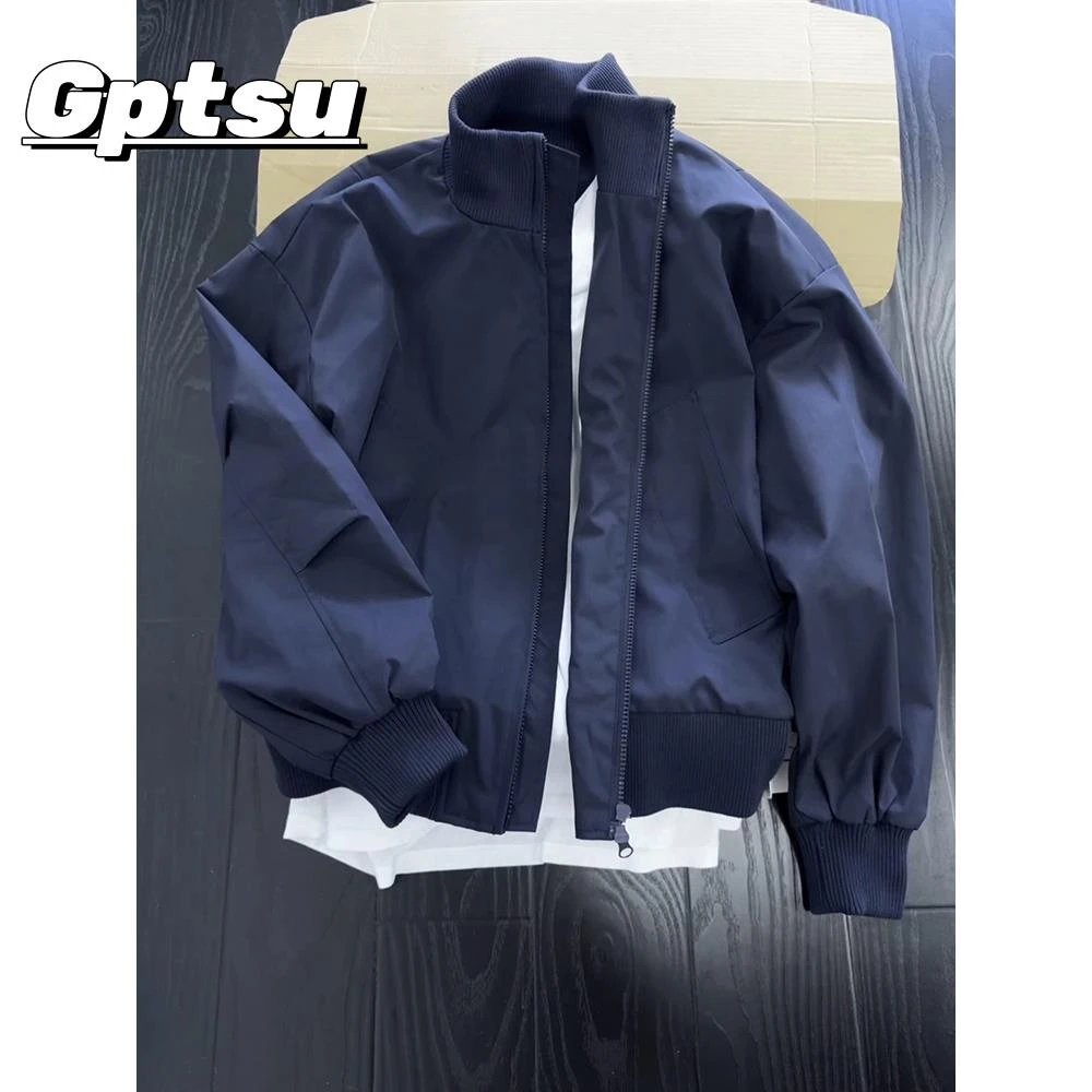 GPTSu蓝色立领秋季新款潮牌美式短款夹克男士高街小众棒球服外套