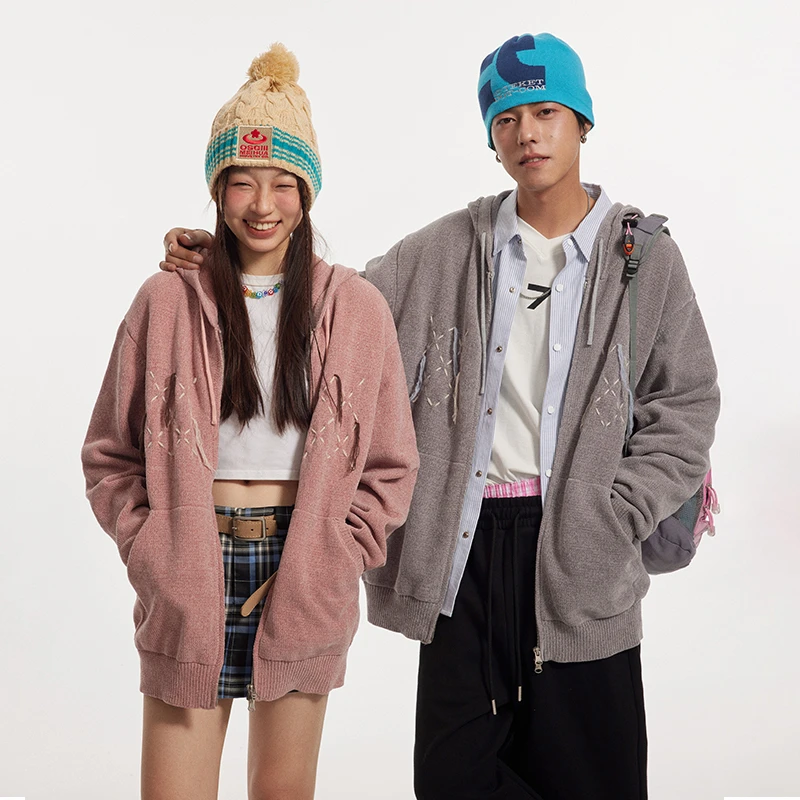 美式复古穿绳菱格毛衣开衫男女秋季连帽休闲宽松情侣外套JN44B03