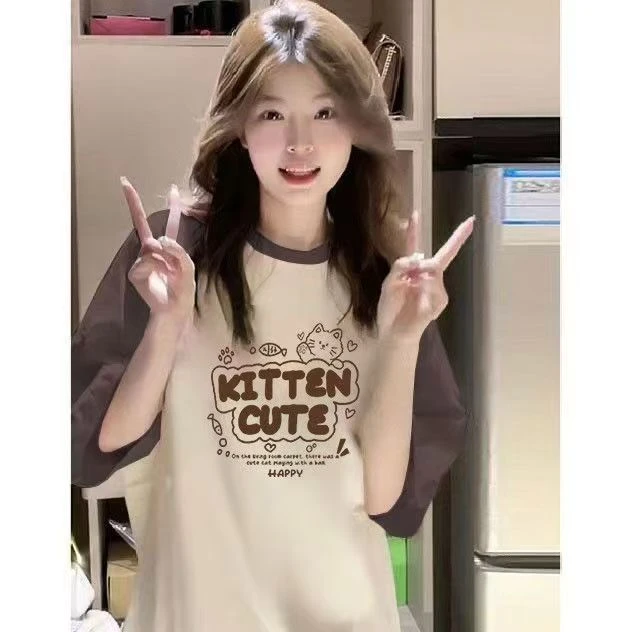 哺乳上衣夏季插肩袖纯棉短袖t恤外出中长款宽松显瘦产后喂奶衣服