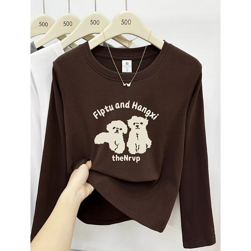 美式复古棕色小狗印花正肩长袖t恤女秋冬季时尚大码胖mm洋气上衣
