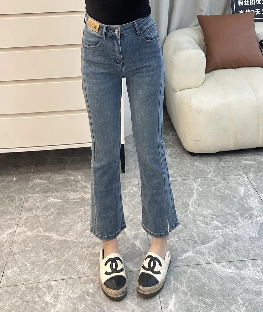 晨小胖  秋季新款小个子复古蓝显瘦设计感开叉微喇八分半牛仔裤