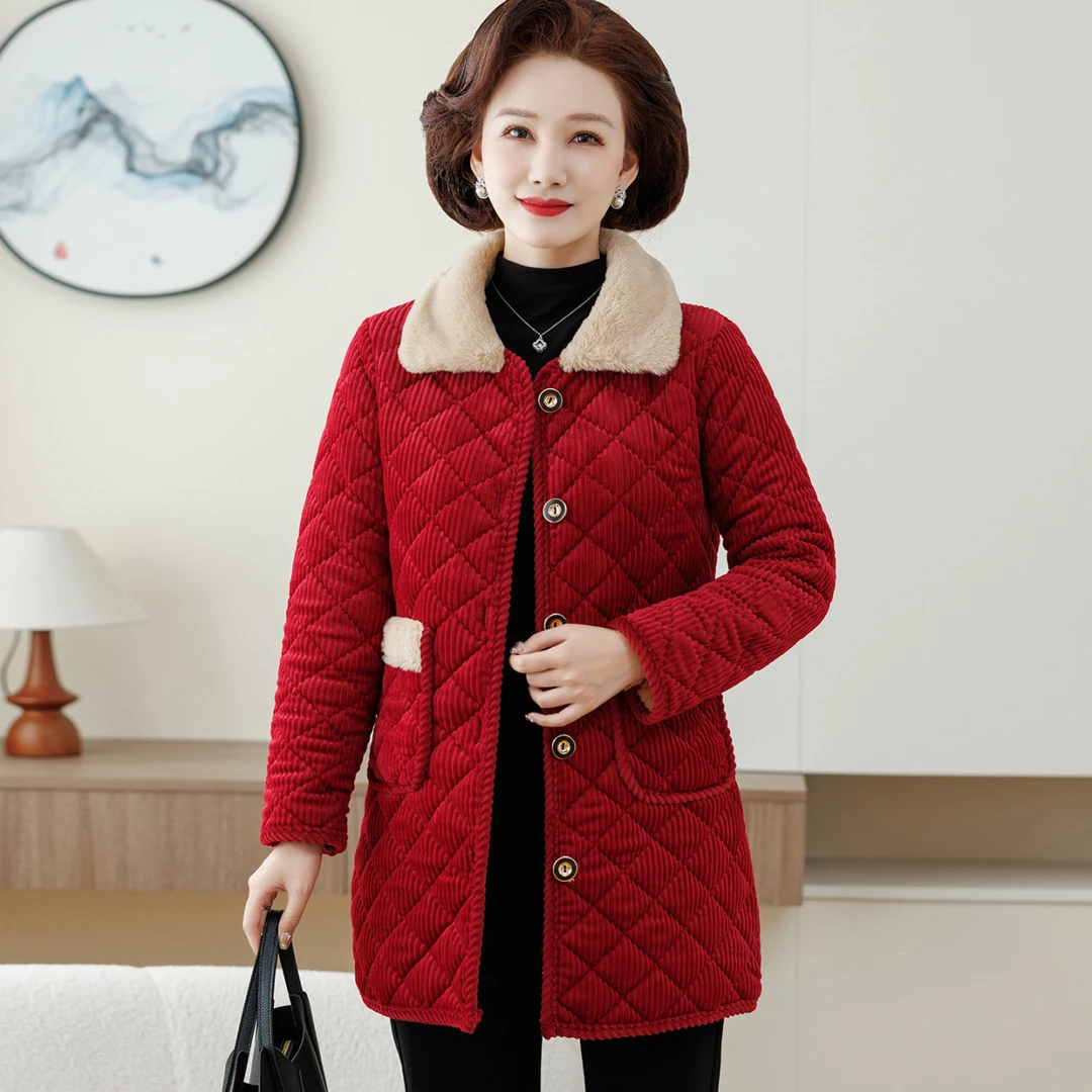 中老年女装妈妈秋冬加绒休闲棉衣灯芯绒棉衣棉袄加绒气质妈妈装