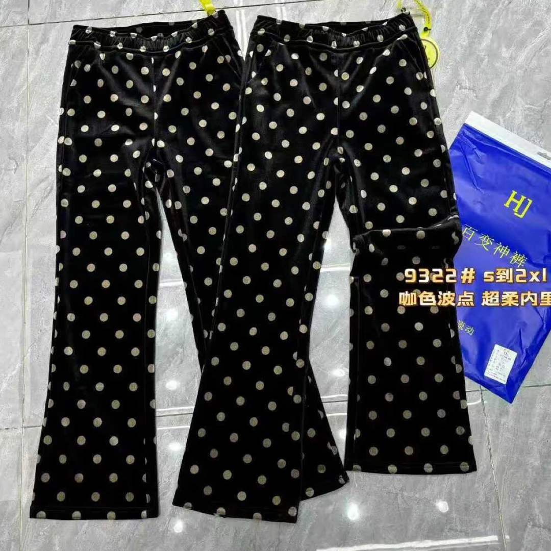 9322意凡波点加绒加厚高腰显瘦垂感宽松微喇休闲女裤秋冬百搭