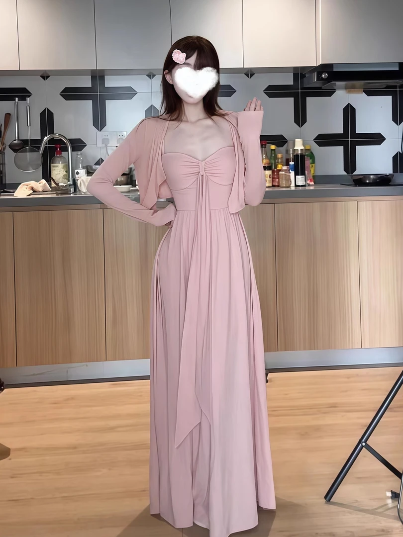 浅粉漫姿 纯欲风性感蝴蝶结吊带连衣裙A字裙长裙（自带胸垫）