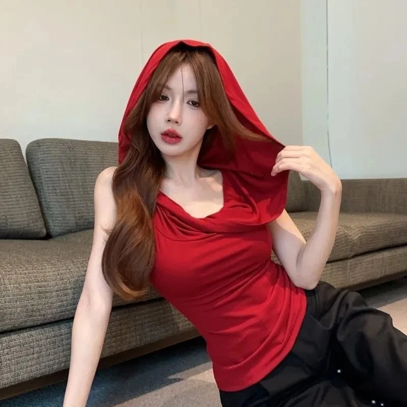 美式辣妹无袖连帽背心女夏季新款小众别致气质修身显瘦上衣