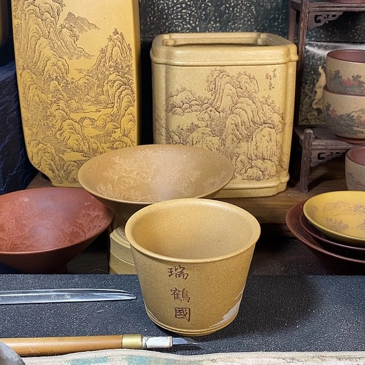 紫砂泥绘主人杯纯手工段泥