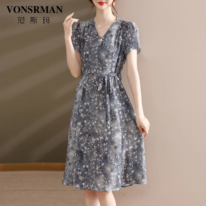 花色雪纺连衣裙女2025夏季新款时尚系带收腰气质减龄显瘦遮肚裙子