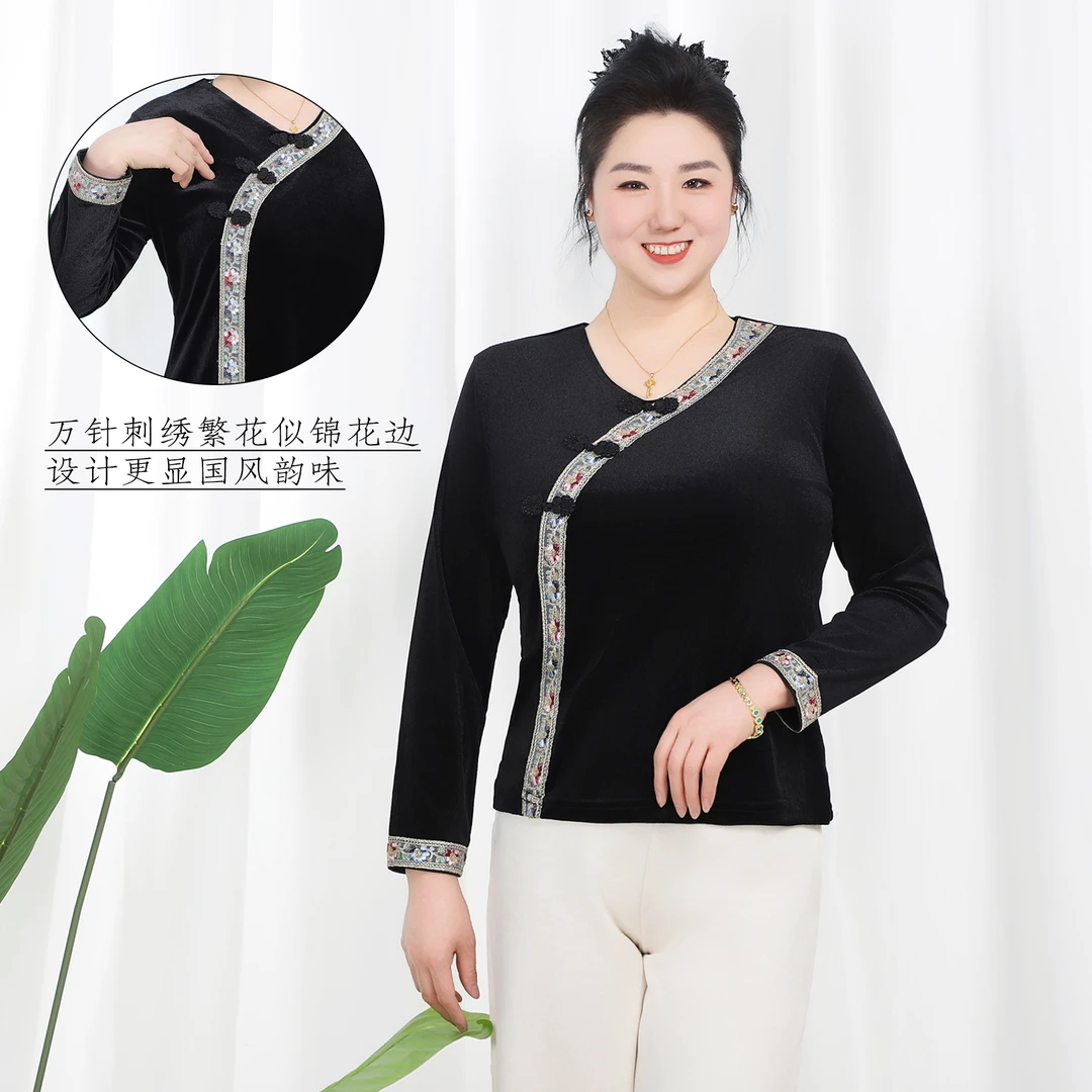 春秋新款高端轻奢娘娘装国风新时尚洋气宽松遮肉显瘦丝绒打底衫