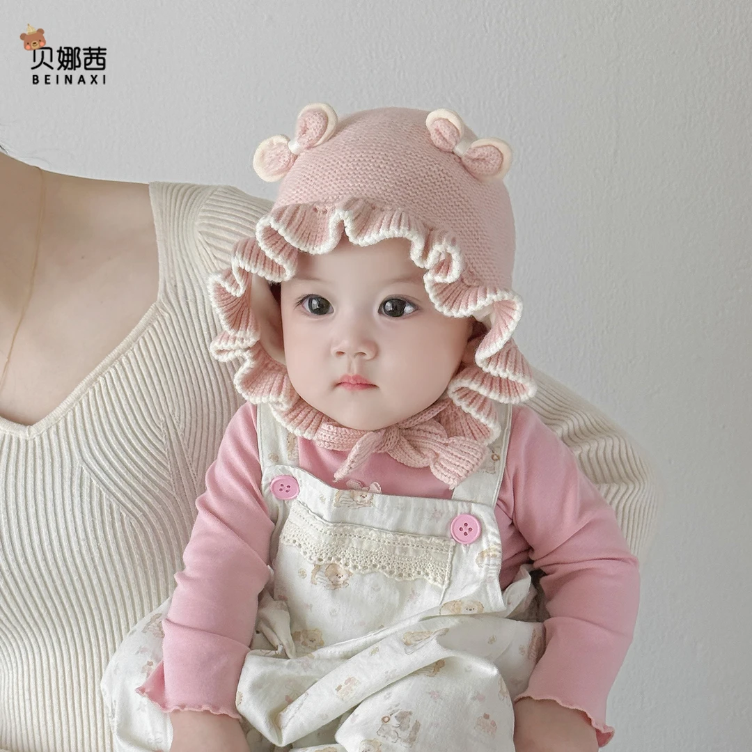 Beinaqian/贝娜茜婴儿帽子秋冬宝宝女公主针织帽婴幼儿冬季护耳帽