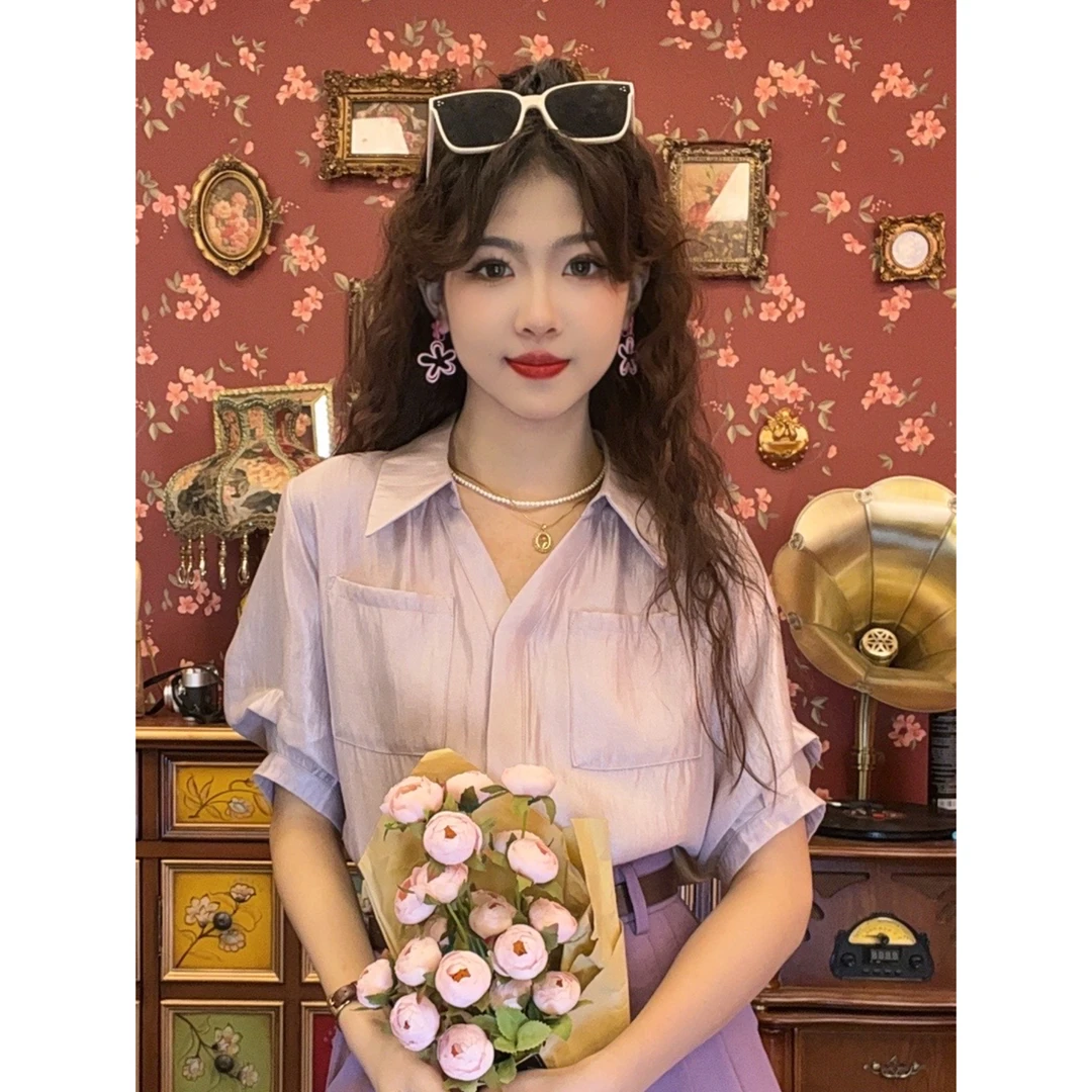 小妍【万里紫云】港味气质百搭复古衬衫上衣24397