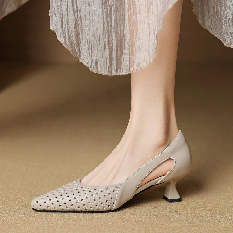 头层羊皮~5cm巨软法式镂空圆尖头细跟包头凉鞋百搭气质灰色高跟鞋