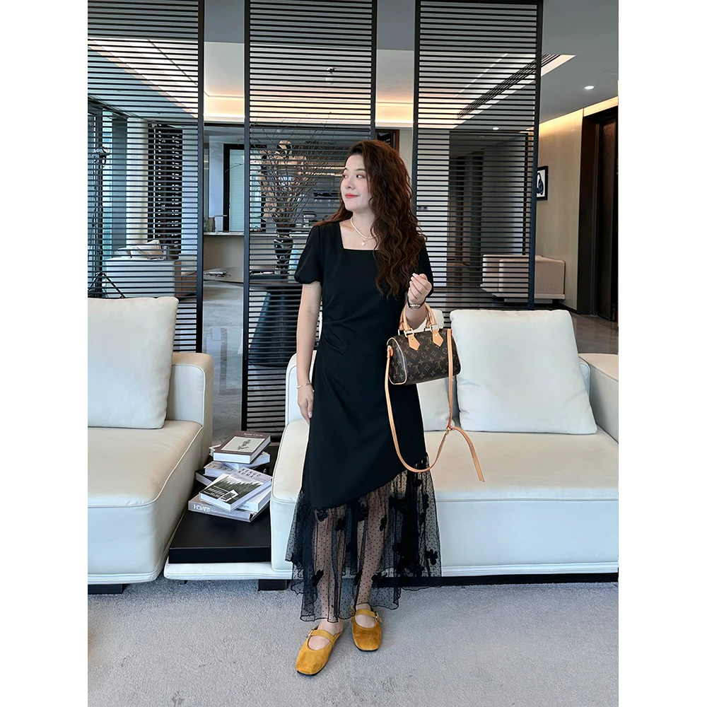 WenWen小个子方领绝美蝴蝶网纱拼接气质显瘦连衣裙黑色长裙4132