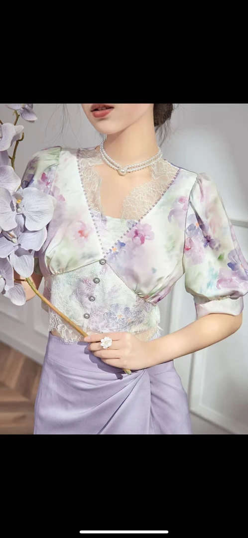 汉服雪纺衫蕾丝标准短款气质小衫重工少女风短袖显瘦