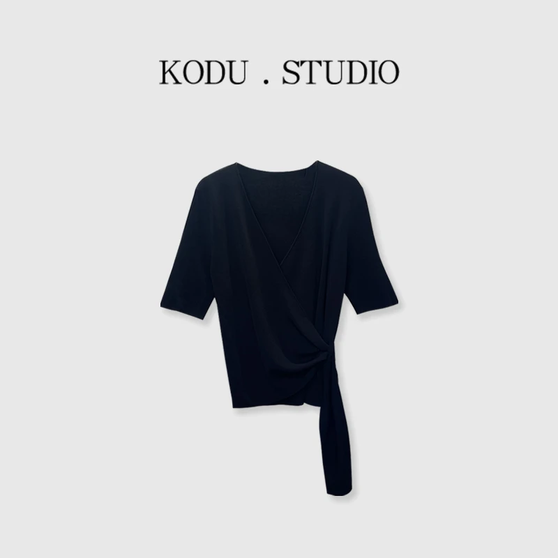 Y【刻度KODU】MT-5456夏季新款气质修身V领腰间绑结设计针织短袖