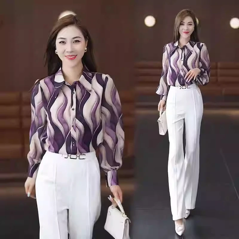 时尚套装女早秋新款洋气质宽松显瘦花色雪纺衬衫休闲阔腿裤两件套