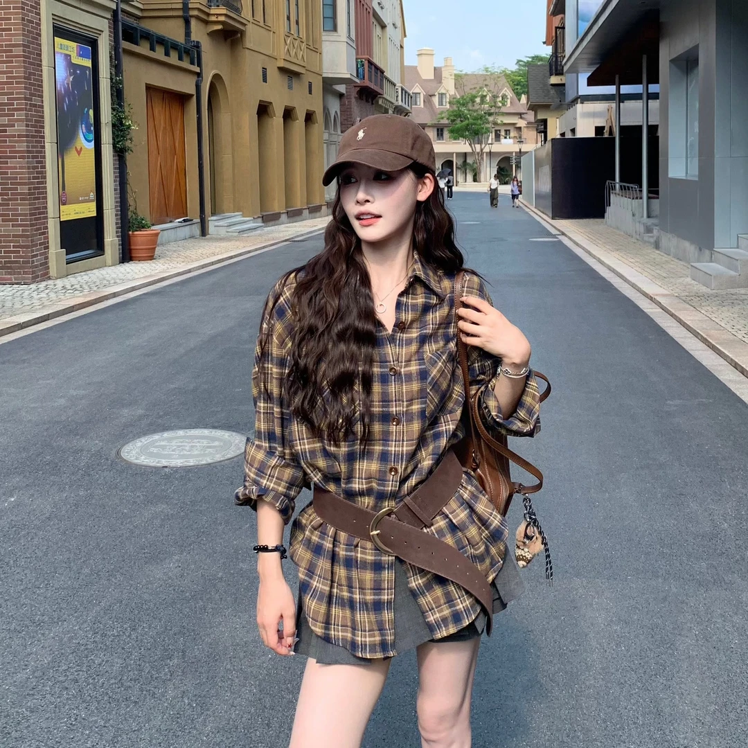 3MER 绿色格子衬衫女秋季韩系复古宽松格纹长袖衬衣外套