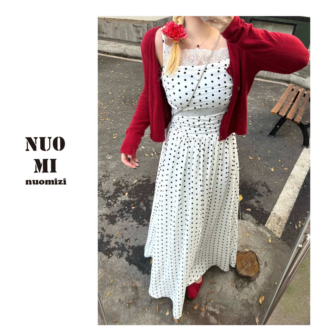 ZOZ糯米子[交响曲]法式波点气质显瘦吊带连衣裙女蕾丝镂空+上杉