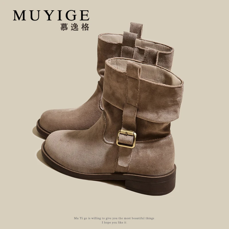 粗跟褶皱堆堆靴女2025复古西部牛仔中筒靴马丁靴秋冬切尔西短靴子