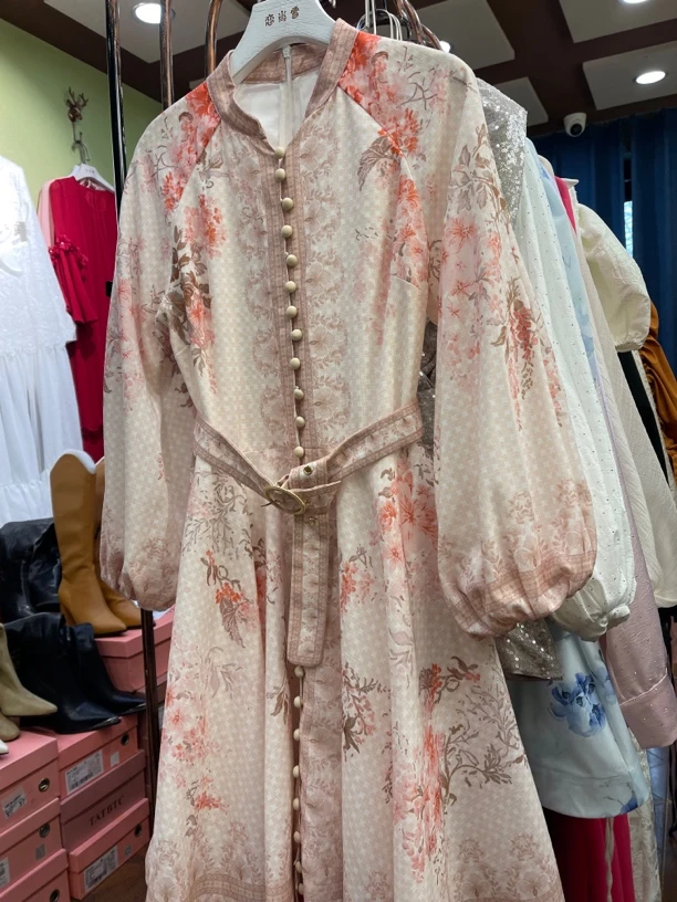 【恋尚雪】法式宫廷风珊瑚色灯笼袖收腰摆摆裙