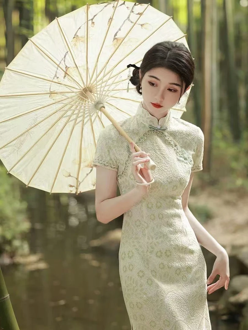 0020 绿色 符合蕾丝 美林襟 蝴蝶扣 旗袍