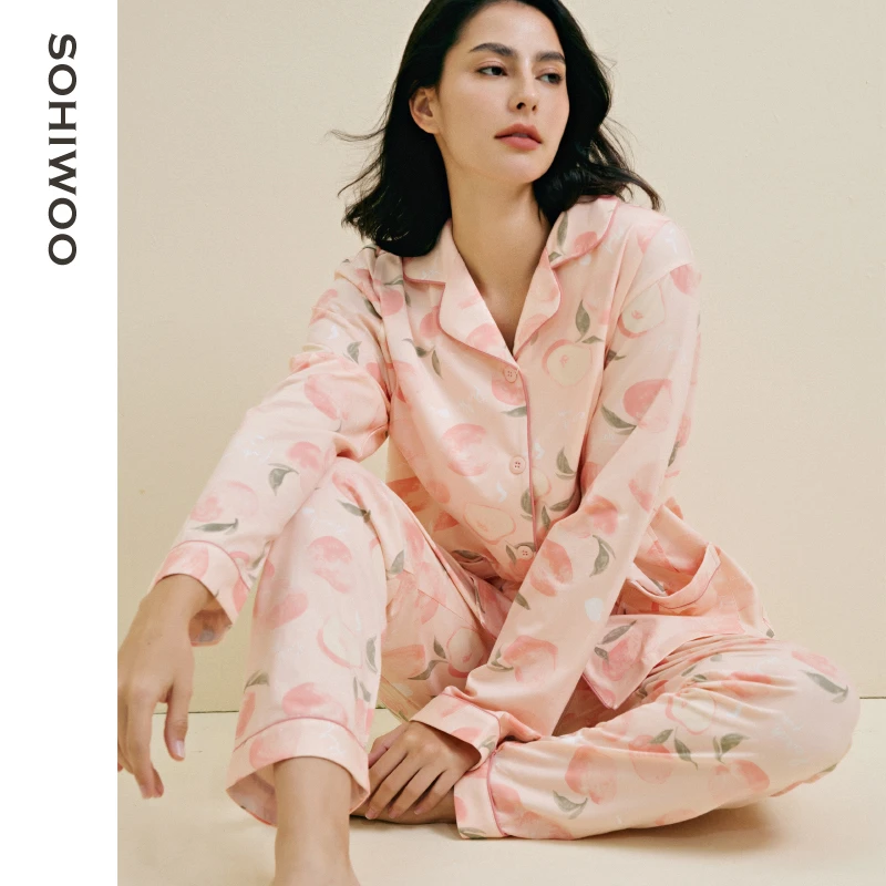 sohiwoo月子服蜜桃款春夏长袖产后孕妇睡衣哺乳家居服女亲肤